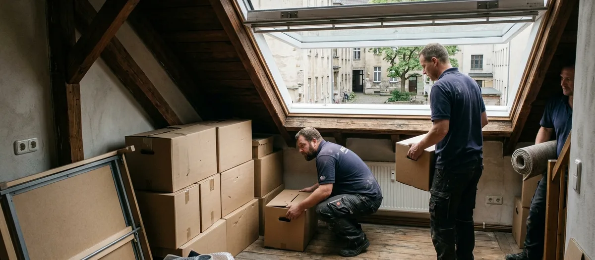 Dachgeschossraum unter der Schräge mit freiliegenden Balken, gestapelten Kartons und zwei Trägern am Dachfenster
