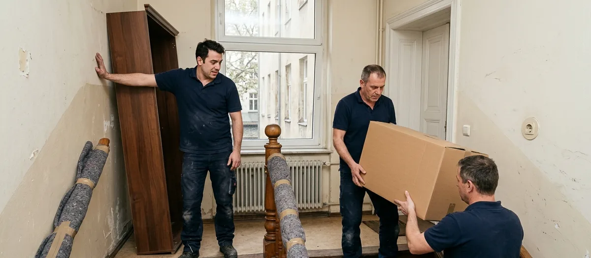 Drei Träger auf einem Altbau-Treppenabsatz, einer hält eine Schrankseite, zwei heben einen Karton, das Geländer ist gepolstert
