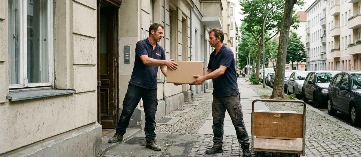 Zwei Träger reichen einen Karton von Hand zu Hand aus einem Hauseingang zum wartenden Rollwagen