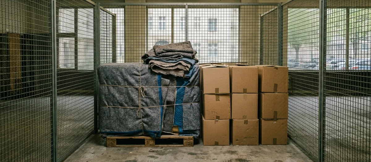 Lagerbox hinter einer Gittertrennwand mit Palette, in Decken gehüllten Möbeln und gestapelten Kartons