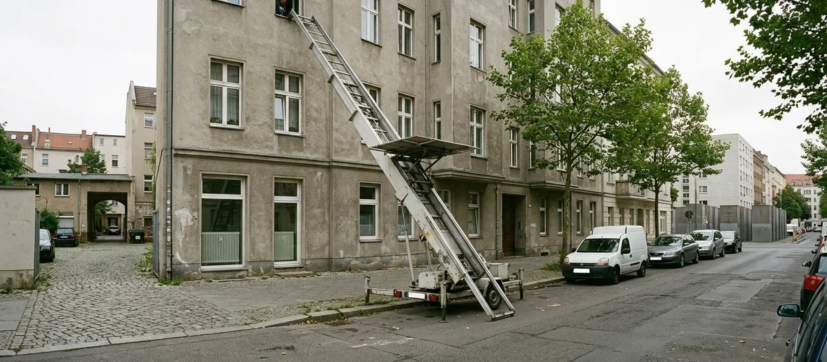 Möbellift an einer Berliner Altbaufassade, die Leiter reicht bis zum vierten Stock, die Plattform steht auf halber Höhe