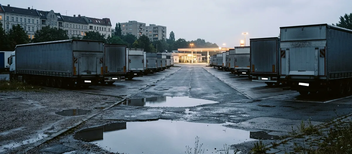 Lkw-Stellplatz im ersten Morgenlicht mit Reihen abgestellter Anhänger und Pfützen auf dem Asphalt