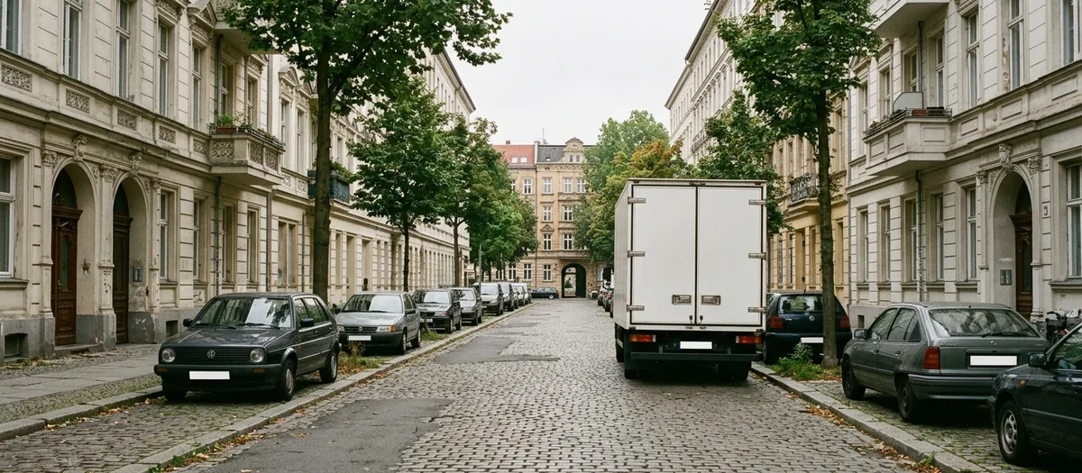 Leere Berliner Wohnstraße mit Kopfsteinpflaster, am Fahrbahnrand steht ein weißer Möbelkoffer mit geschlossenen Hecktüren