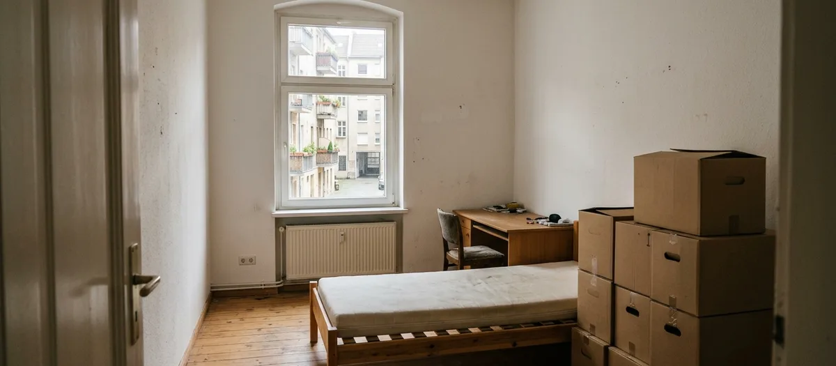 Einzelzimmer einer Wohngemeinschaft beim Auszug: abgezogenes Bett, Schreibtisch und ein Stapel Kartons am Fenster