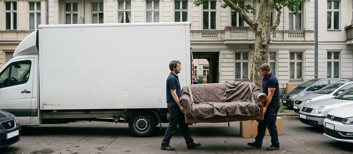 Zwei Träger bringen ein in Decken gewickeltes Sofa über den Gehweg zu einem weißen Möbelkoffer, dahinter eine Gründerzeitfassade